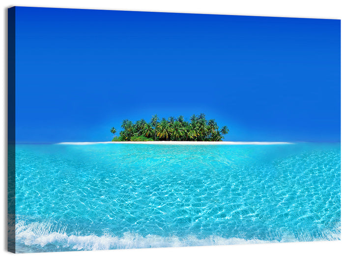 Turquoise Atoll Sandbar with Palm Trees Wall Art as a canvas print