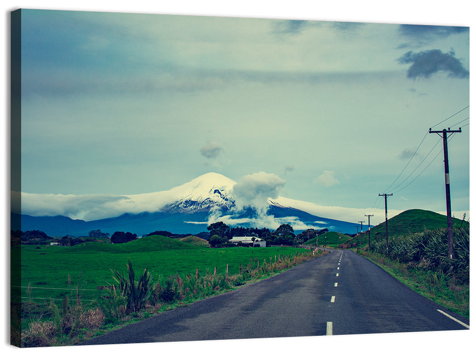 Empty Road to Mount Taranaki Wall Art, canvas print, landscape
