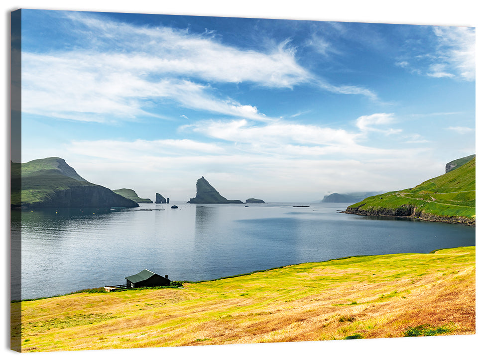 Tindhólmur and Drangarnir Coastal Bay Wall Art, canvas print, landscape