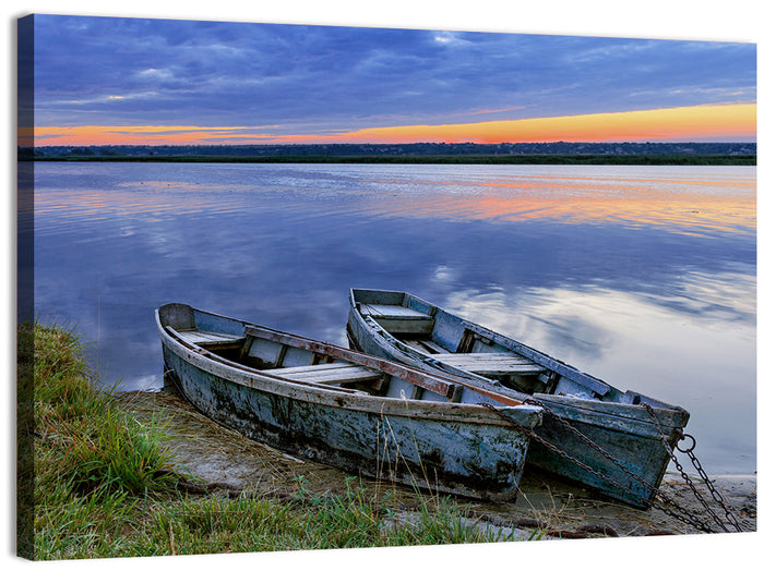 Chained Rowboats at Dusk Wall Art as a canvas print