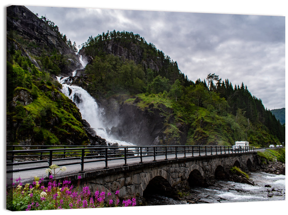 Låtefossen Stone Bridge and Waterfall Wall Art, canvas print, landscape