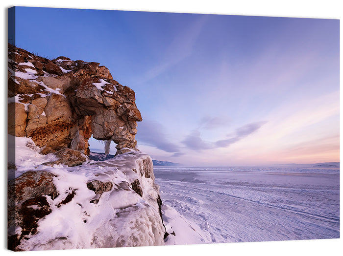 Lake Baikal Rock Arch at Winter Twilight Wall Art as a canvas print