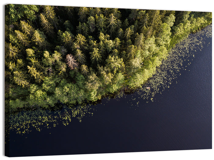 Aerial Lake with Red Boat Wall Art as a canvas print
