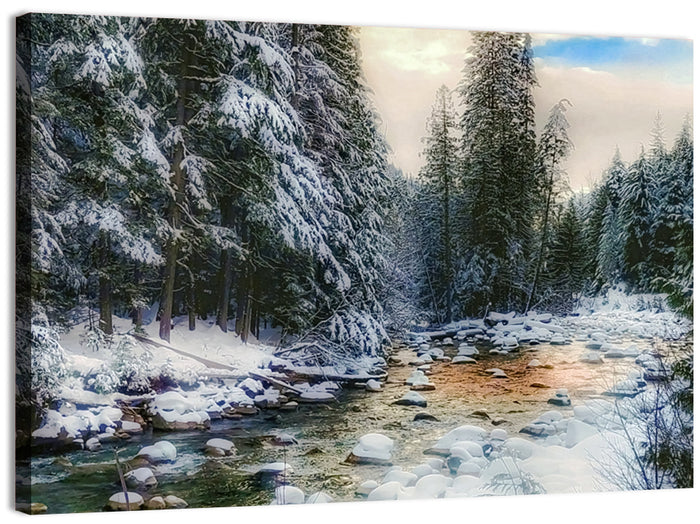 Winter Creek in Snowy Pines Wall Art as a canvas print