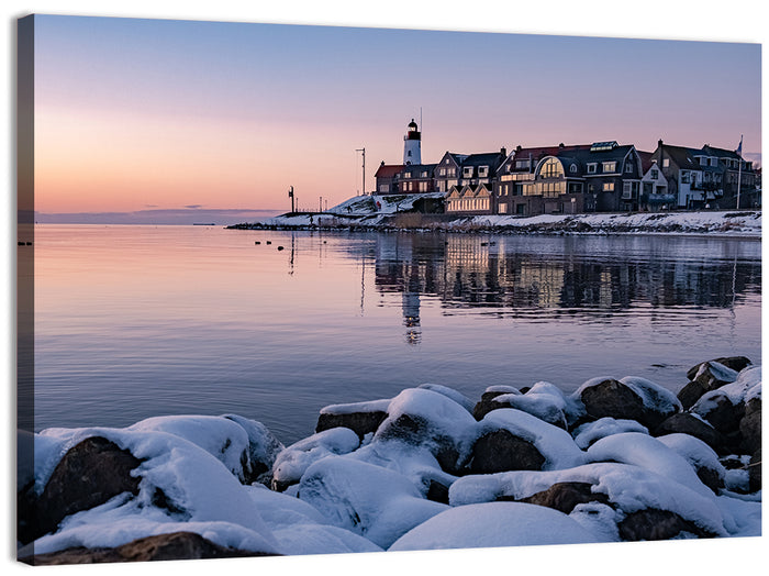 Urk Lighthouse Winter Twilight Harbor Wall Art as a canvas print