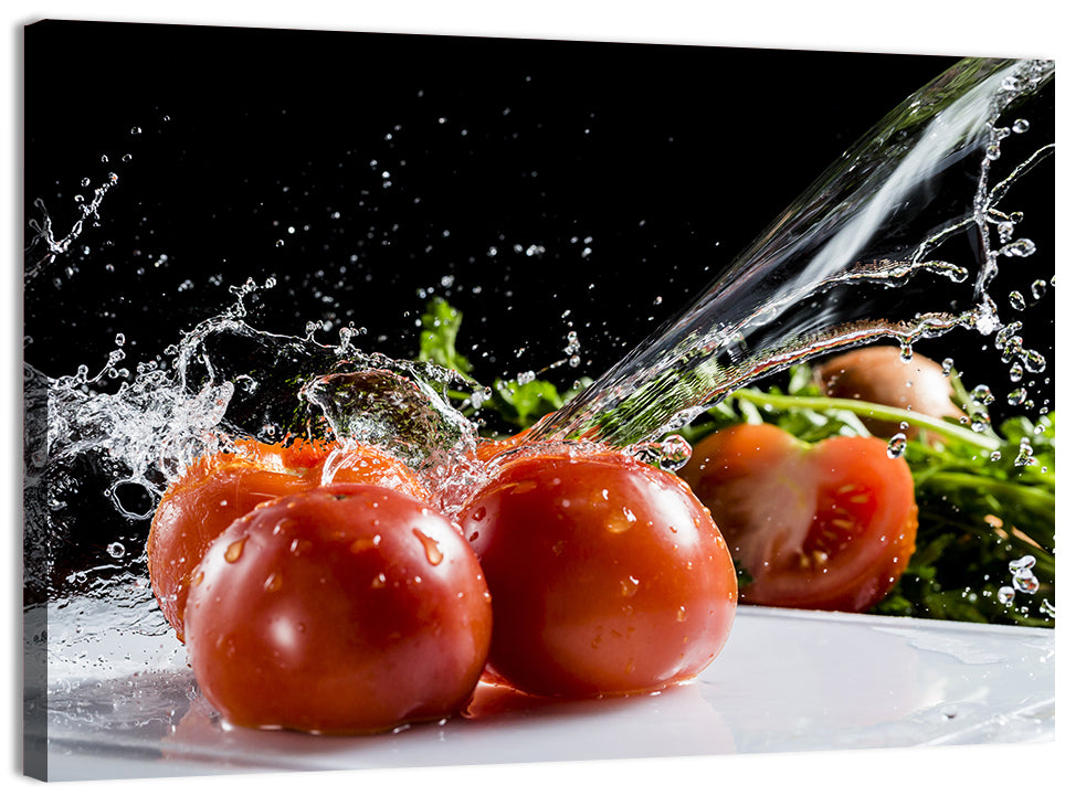Tomatoes with Water Splash Wall Art, canvas print, landscape