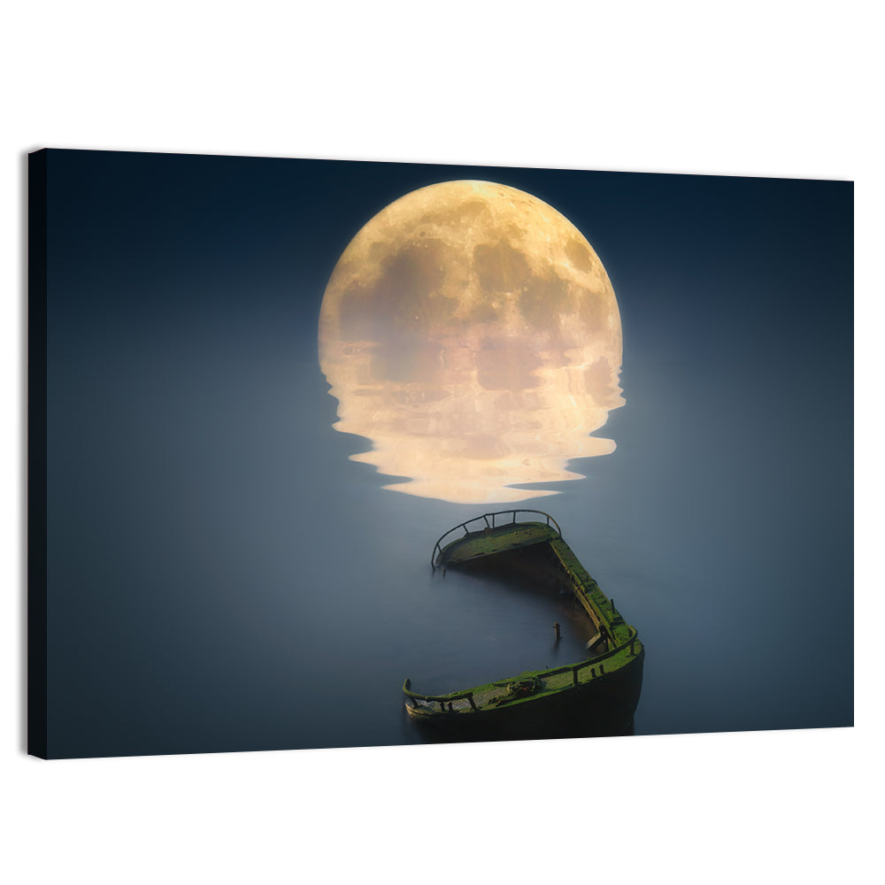 Moonlit Shipwreck Reflection Wall Art, canvas print, landscape