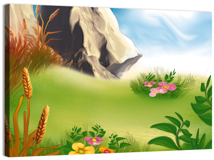 Sunny Mountain Meadow Illustration Wall Art as a canvas print