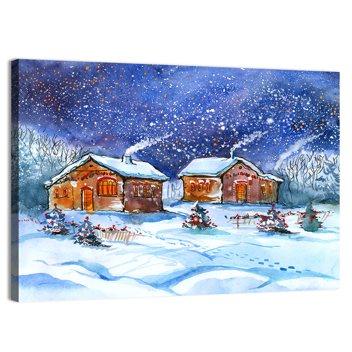 Starry Winter Village Wall Art as a canvas print