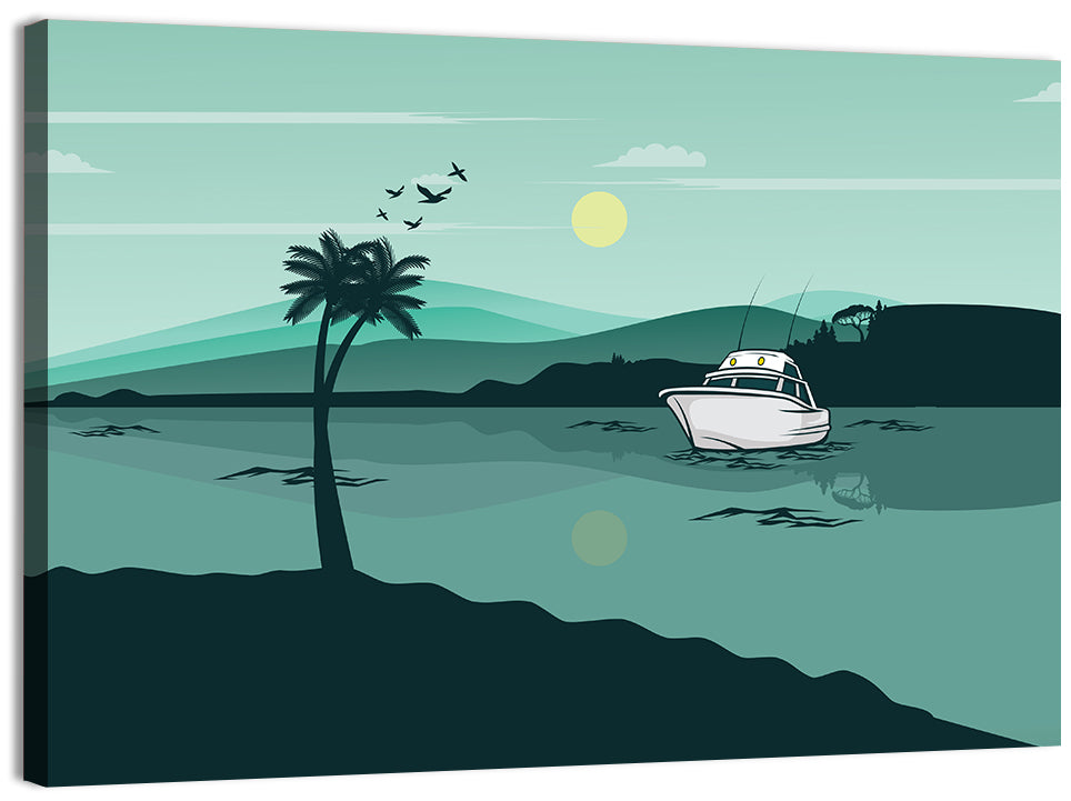Teal Lake Boat with Palm Tree Wall Art, canvas print, landscape