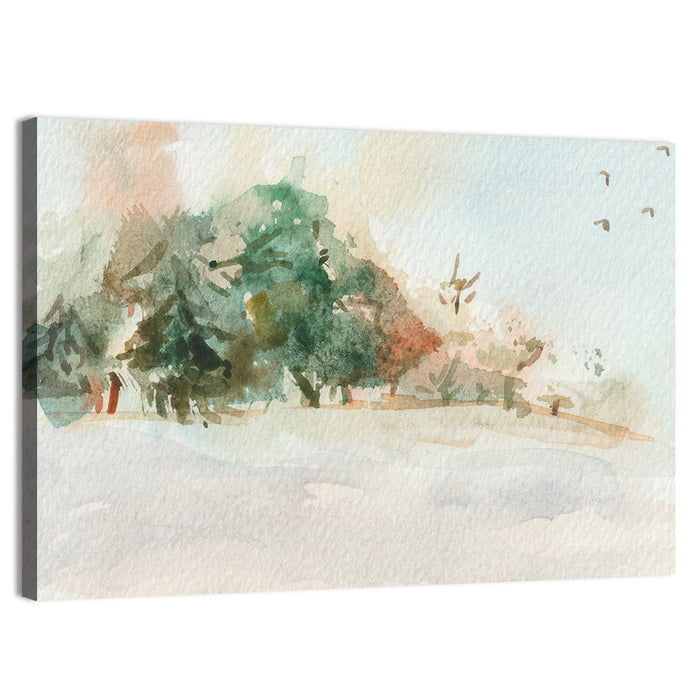 Winter Forest Watercolor Landscape Wall Art as a canvas print
