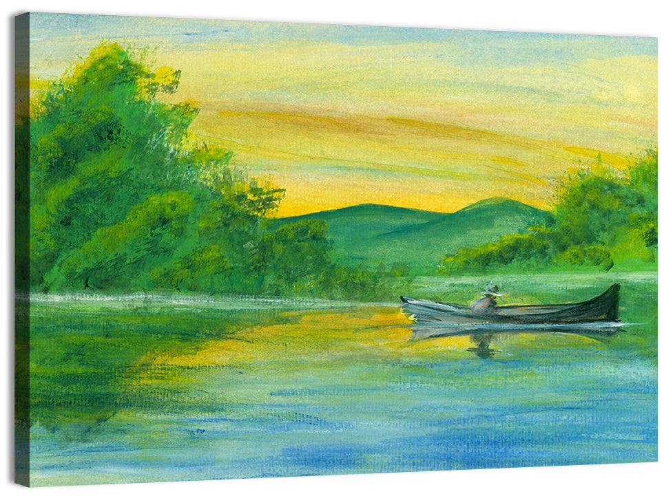 Rowboat on Serene Lake Watercolor Wall Art, canvas print, landscape