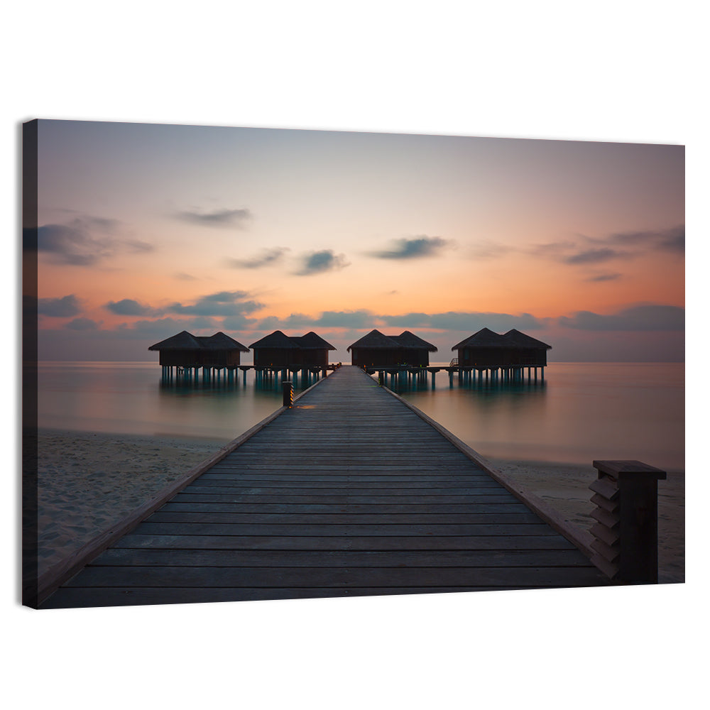 Overwater Bungalows at Sunset Wall Art, canvas print, landscape