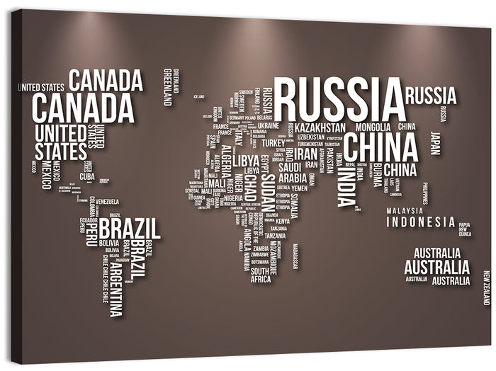 World Map Typography in Brown and White Wall Art as a canvas print