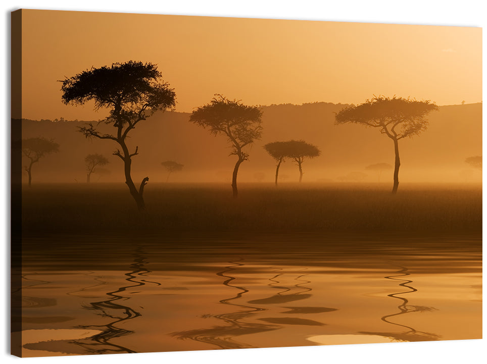 Savanna Sunset Acacia Silhouettes Wall Art, canvas print, landscape