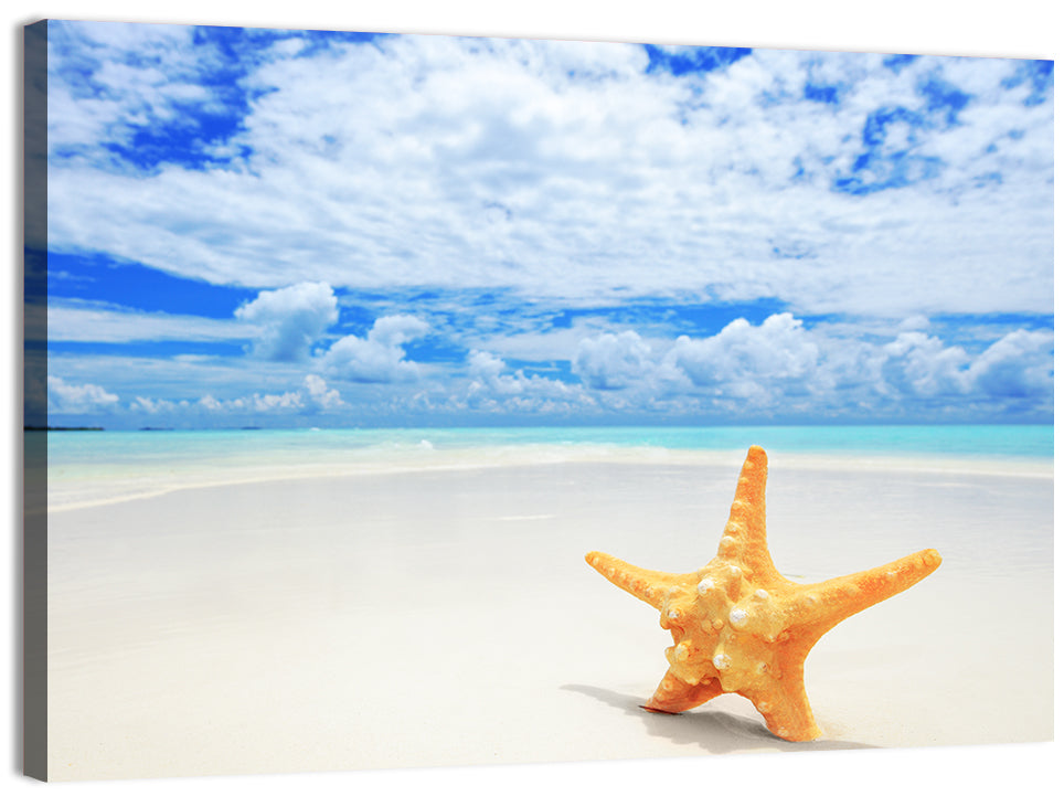 Minimalist Yellow Starfish on Turquoise Shore Wall Art, canvas print, landscape