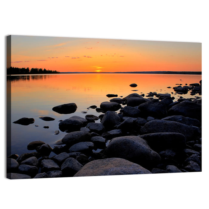 Rocky Lake Sunset Wall Art as a canvas print