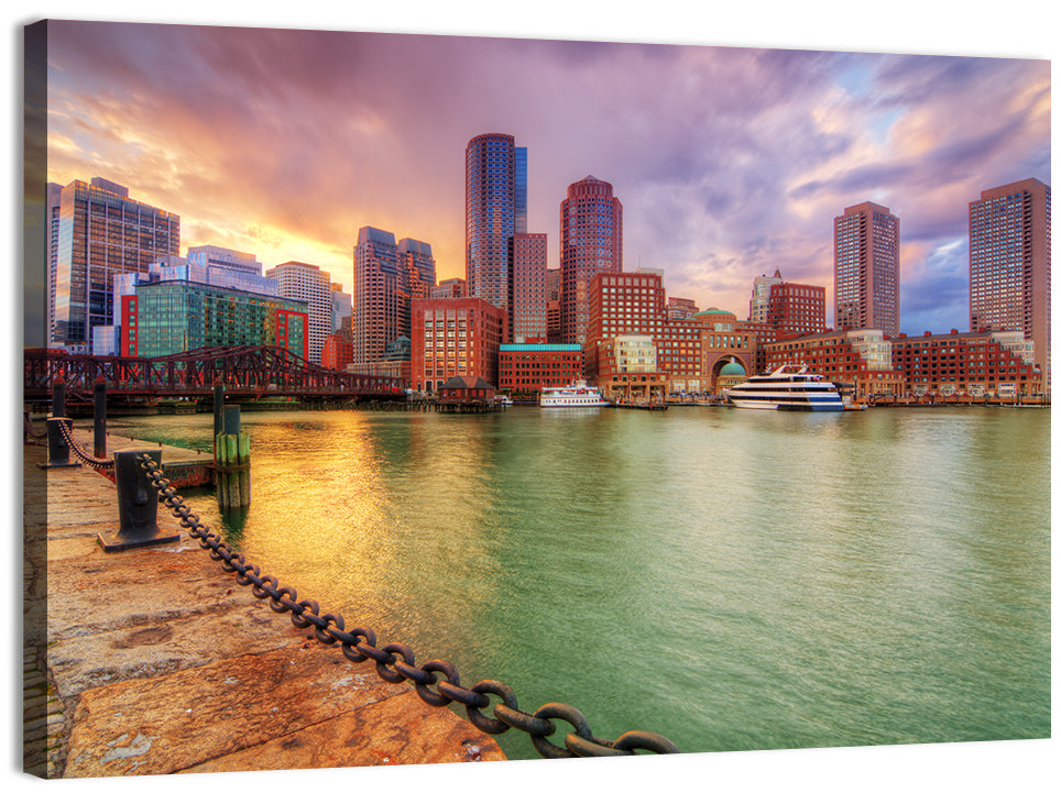 Boston Harbor Skyline at Sunset Wall Art, canvas print, landscape
