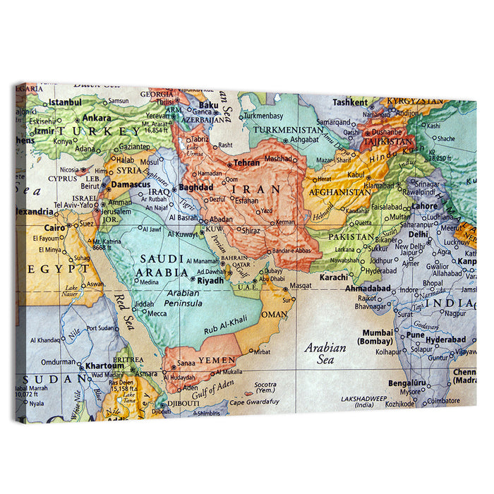 Middle East Political Map Wall Art as a canvas print