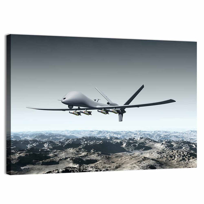 Armed Combat Drone Over Mountains Wall Art as a canvas print
