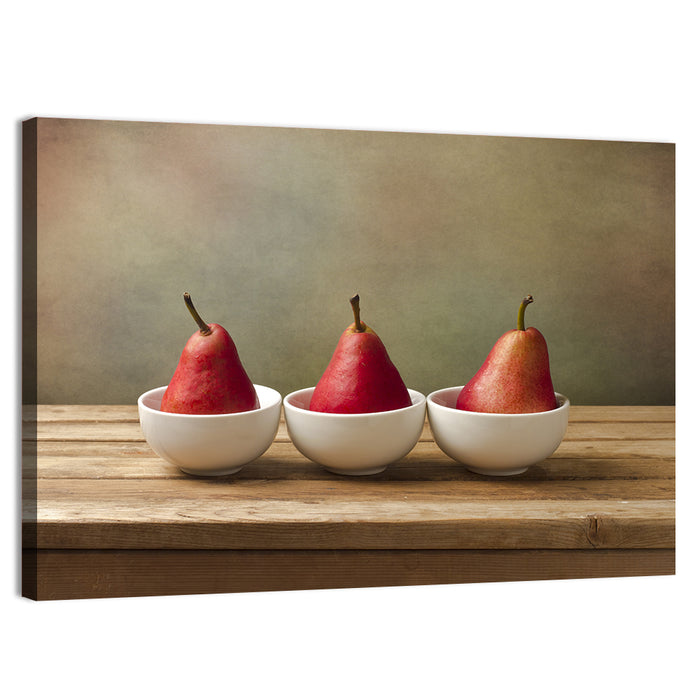 Three Red Pears in Bowls Wall Art as a canvas print