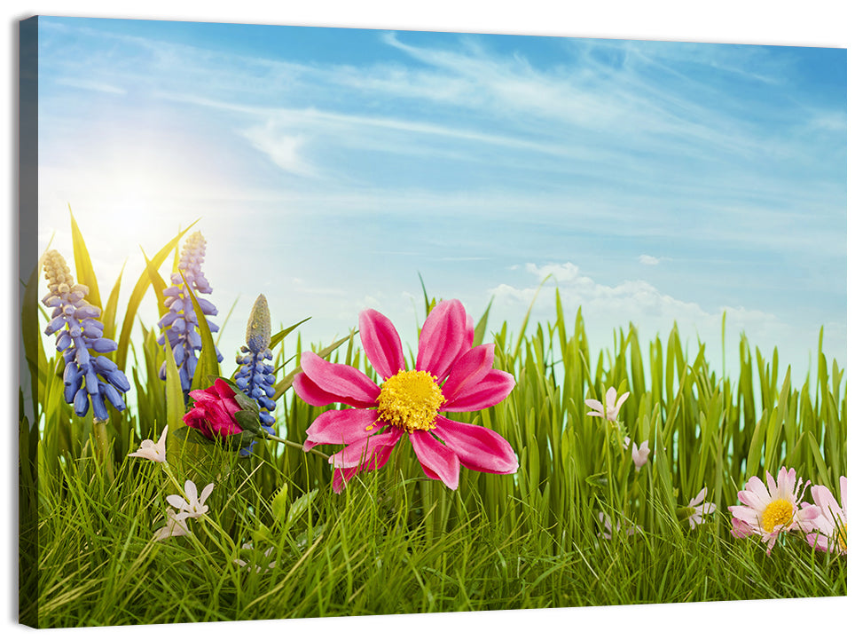 Pink Daisy and Blue Hyacinths in Spring Grass Wall Art, canvas print, landscape