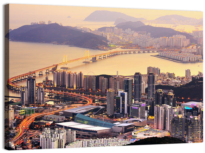 Busan Dusk Aerial Skyline with Gwangan Bridge Wall Art as a canvas print