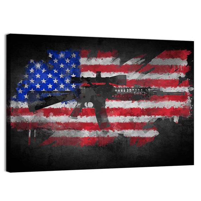 M16 Over Distressed American Flag Wall Art as a canvas print