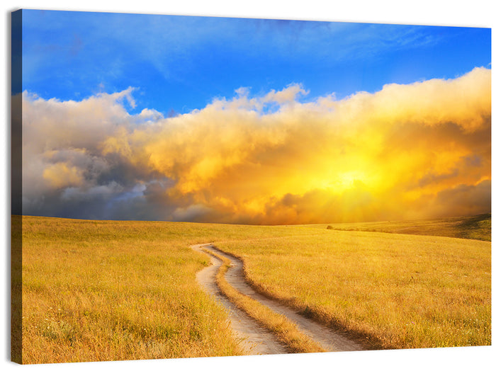 Sunlit Meadow Path with Dramatic Clouds Wall Art as a canvas print