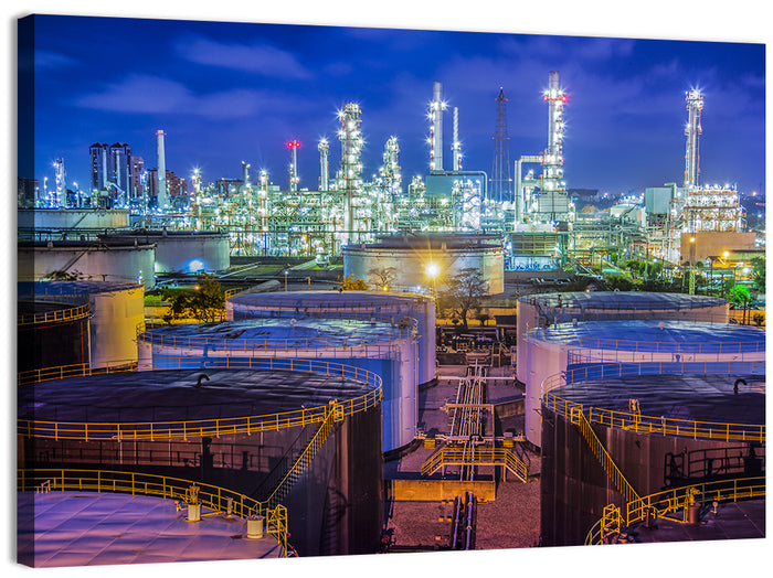 Illuminated Oil Refinery at Twilight Wall Art as a canvas print