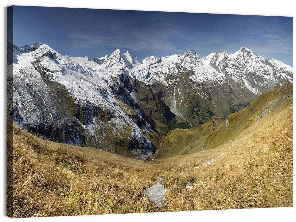 Crisp Alpine Valley with Snow-capped Peaks Wall Art, canvas print, landscape