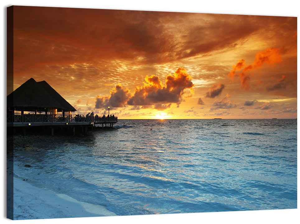 Overwater Bungalow Sunset Pier Wall Art, canvas print, landscape