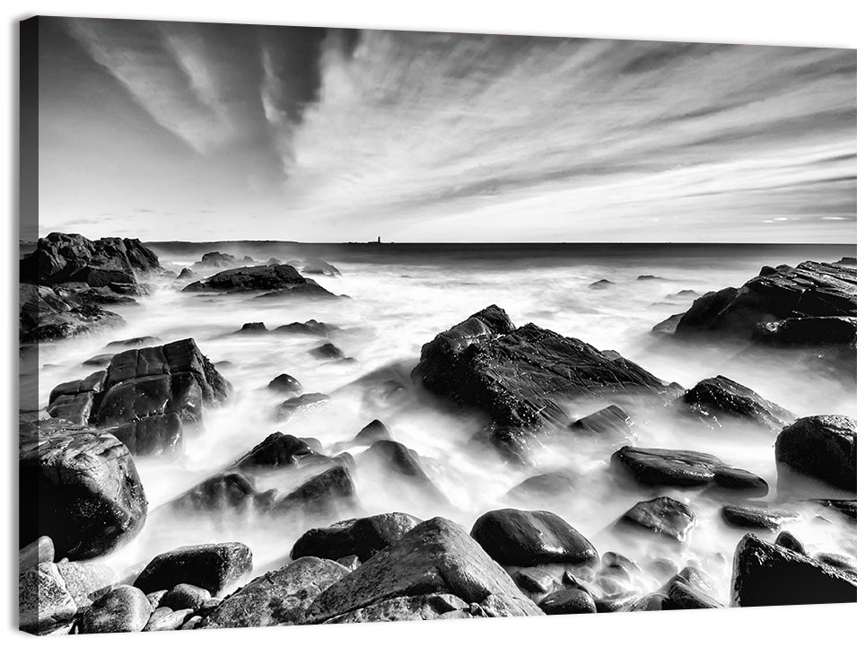 Maine Rocky Coast with Distant Lighthouse Wall Art, canvas print, landscape