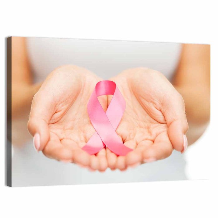 Cupped Hands Holding Pink Ribbon Wall Art as a canvas print