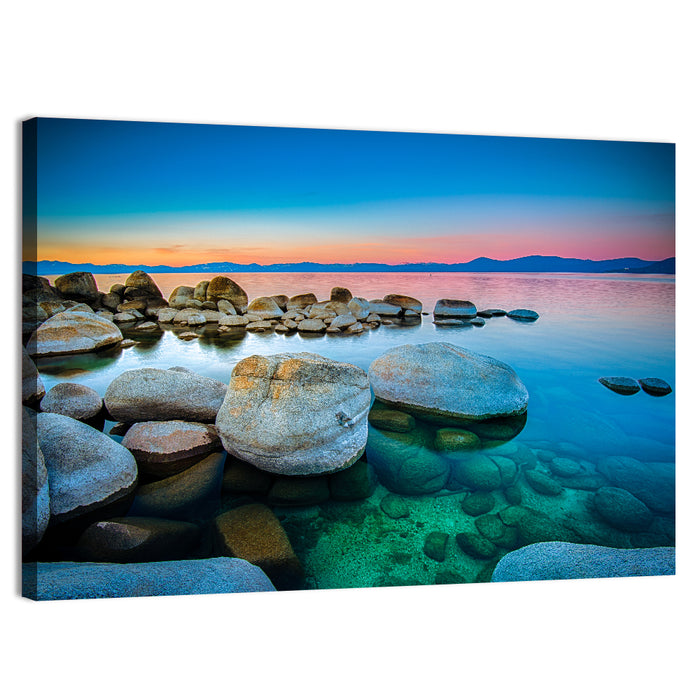 Lake Tahoe Sunset Boulders Wall Art as a canvas print