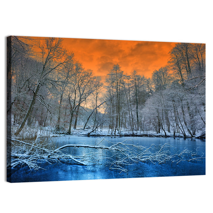 Sunset Over Winter Forest Lake Wall Art as a canvas print