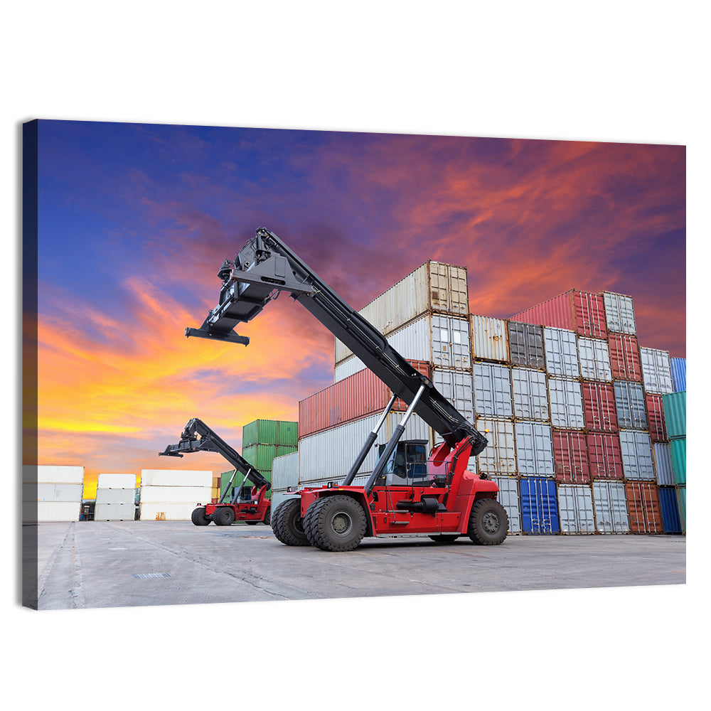 Red Reach Stackers at Sunset Wall Art, canvas print, landscape