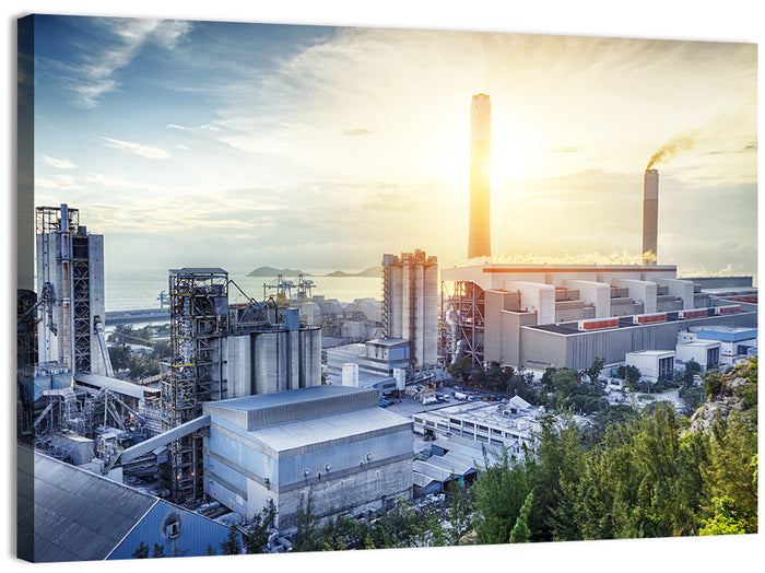 Coastal Power Plant at Sunrise Wall Art as a canvas print