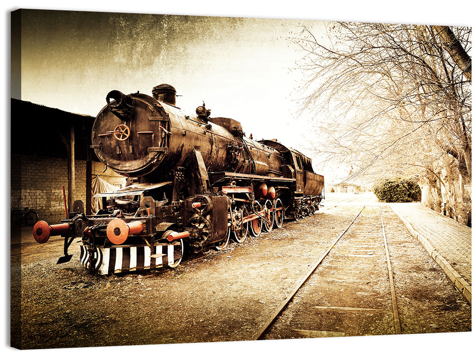 Sepia Steam Locomotive on Rusted Tracks Wall Art, canvas print, landscape