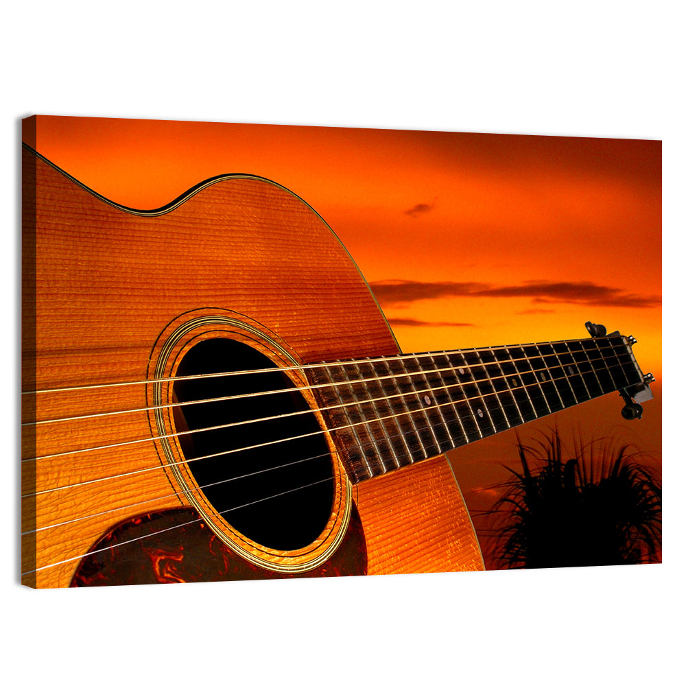 Sunset Acoustic Guitar Silhouette Wall Art, canvas print, landscape