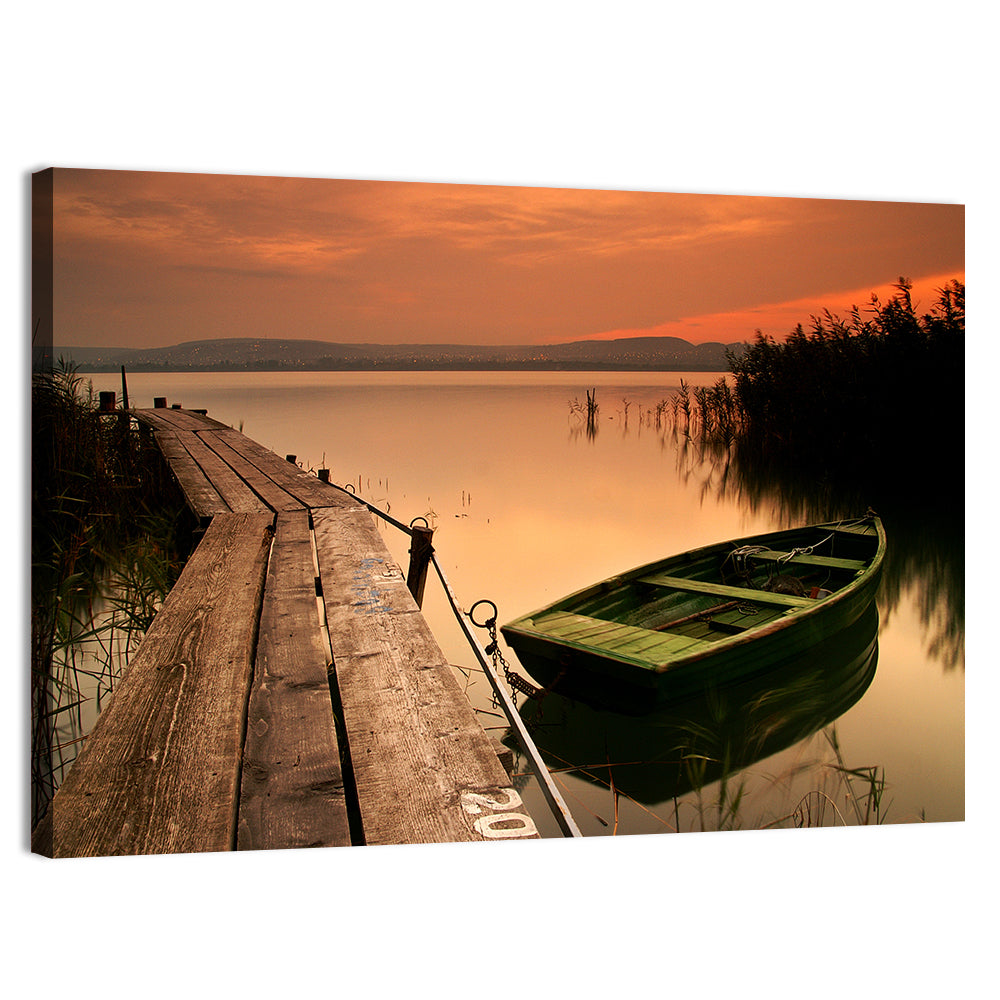 Pier and Rowboat on Lake Balaton Wall Art, canvas print, landscape