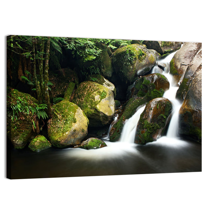 Rainforest Waterfall with Moss Covered Boulders Wall Art as a canvas print