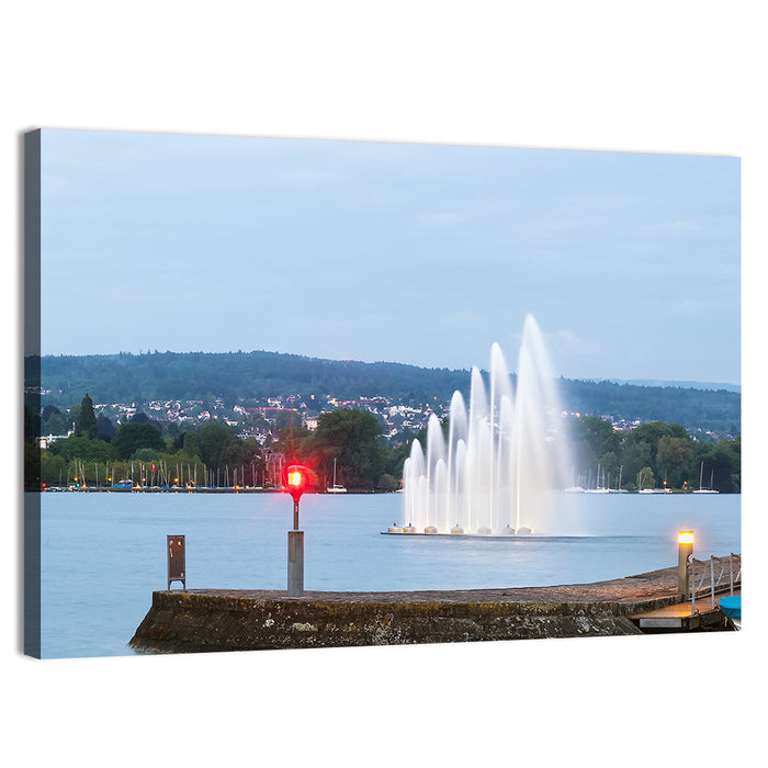 Lake Zurich Fountain at Dusk Wall Art as a canvas print