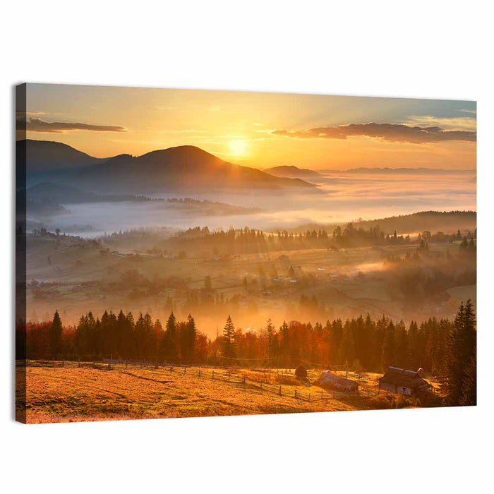 Mountain Village Sunrise Wall Art as a canvas print