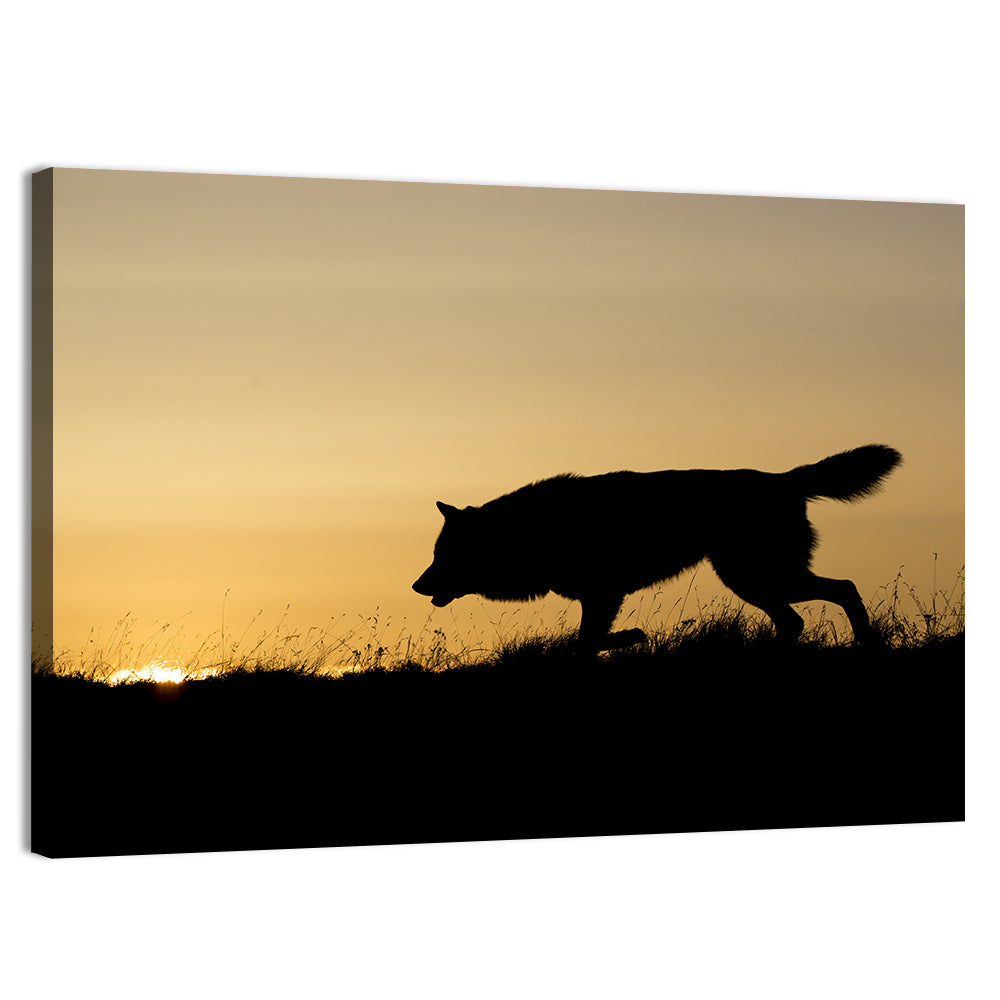 Wolf at Golden Horizon Wall Art, canvas print, landscape