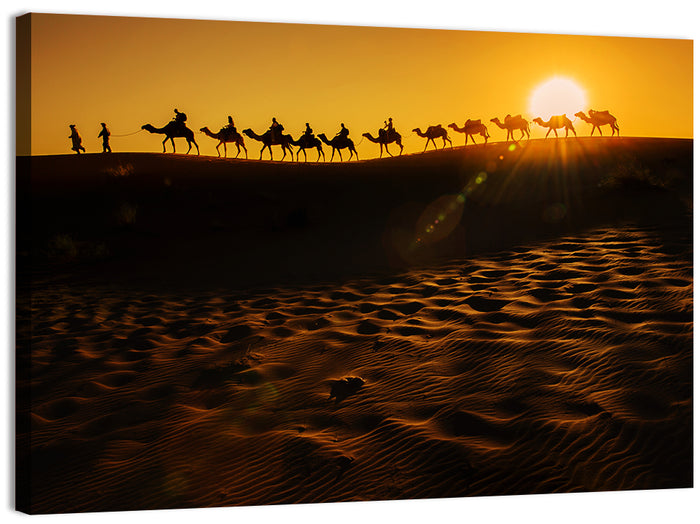 Camel Caravan Silhouette at Golden Sunset Wall Art as a canvas print