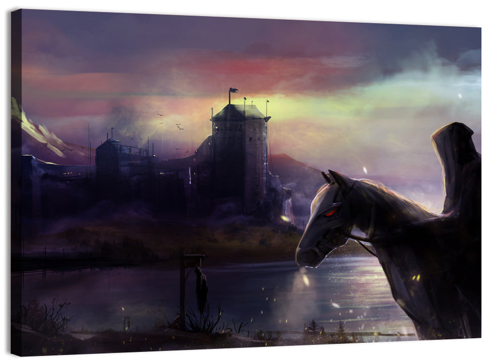 Horseman at Dusk by Misty Castle Wall Art, canvas print, landscape