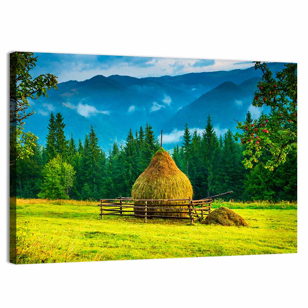 Haystack in Mountain Meadow Wall Art, canvas print, landscape