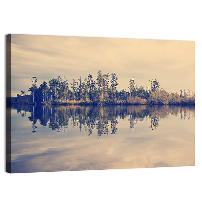 Sunset Over Forest Lake Wall Art as a canvas print