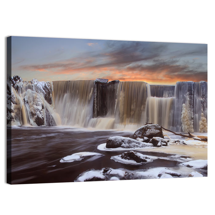 Frozen Waterfall at Sunset Wall Art as a canvas print